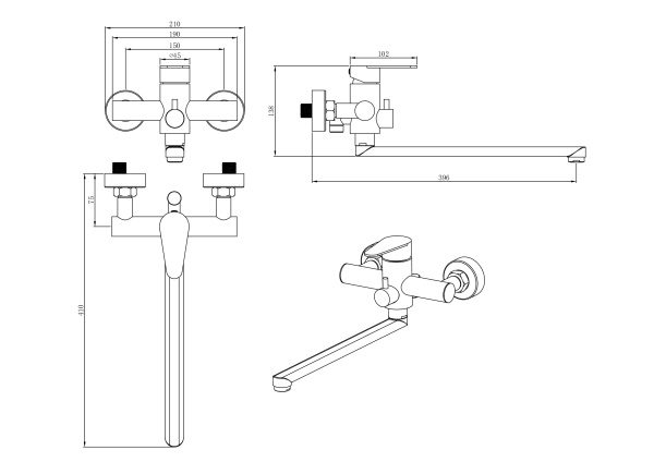 Смеситель для ванны нержавеющая сталь с длинным изливом STEEL ST1221